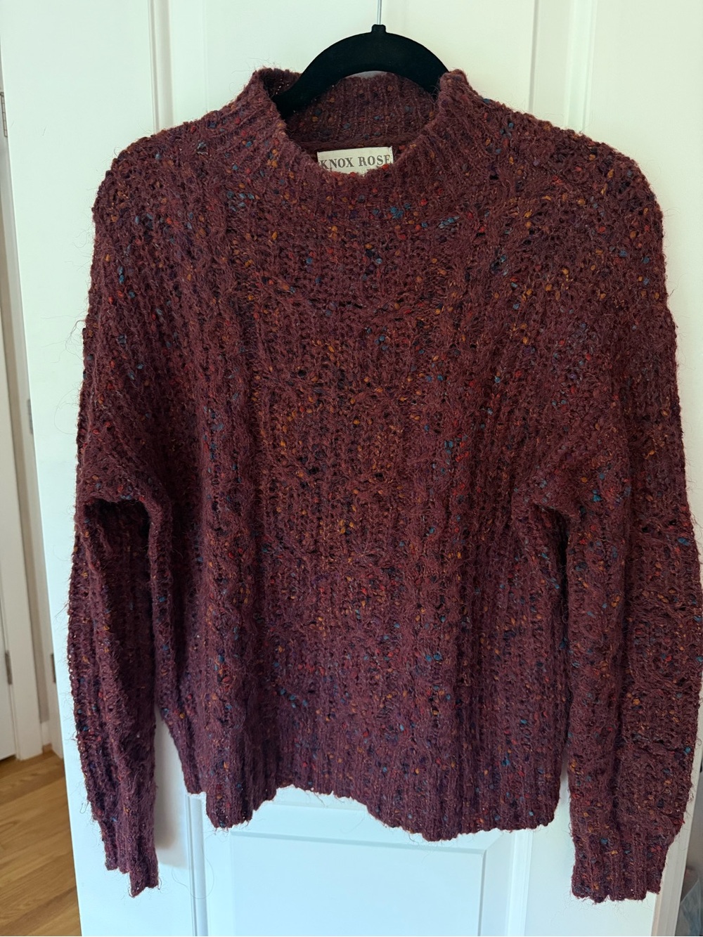 Knox Rose Marled Wine Mock Neck Cable Knit Sweater with Multicolor Flecks